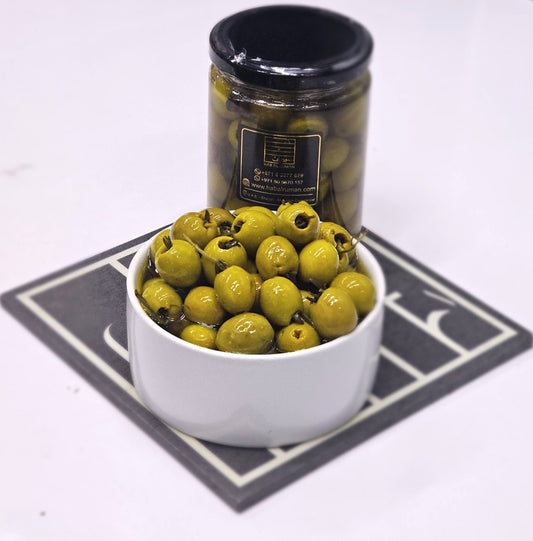 Green Olives Stuffed Thyme  Without Salt Dipped In Olive Oil