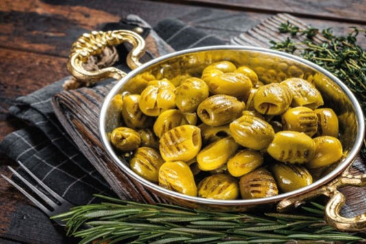 Grilled Green Olives Dipped In Olive Oil